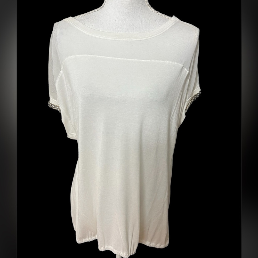 INC Women’s White Top Size 1X Rhinestone On Sleeves Elastic Bottom Sheer On Top - Picture 2 of 6